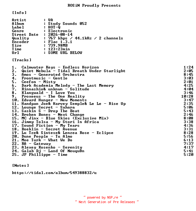 NFO for the release VA-Study_Sounds_052-16BIT-WEB-FLAC-2026-ROSiN by ROSiN
