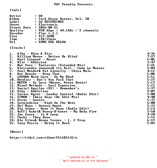 NFO for the release VA-Tech_House_Heroes_Vol._30-16BIT-WEB-FLAC-2026-PWT by PWT