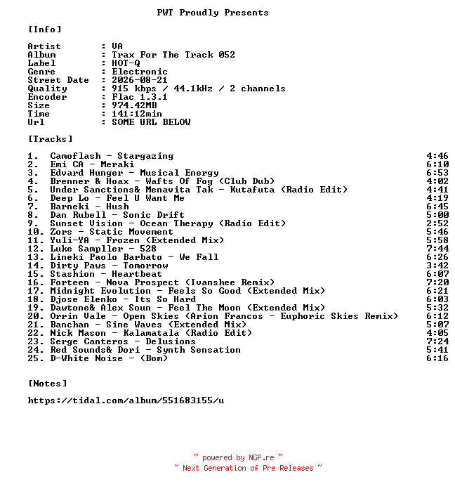 NFO for the release VA-Trax_For_The_Track_052-16BIT-WEB-FLAC-2026-PWT by PWT
