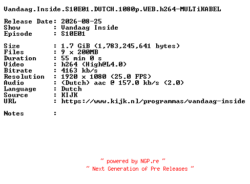 NFO for the release Vandaag.Inside.S10E01.DUTCH.1080p.WEB.h264-MULTiKABEL by MULTiKABEL