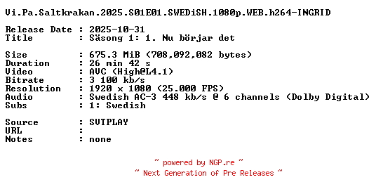 NFO for the release Vi.Pa.Saltkrakan.2025.S01E01.SWEDiSH.1080p.WEB.h264-INGRID by INGRID
