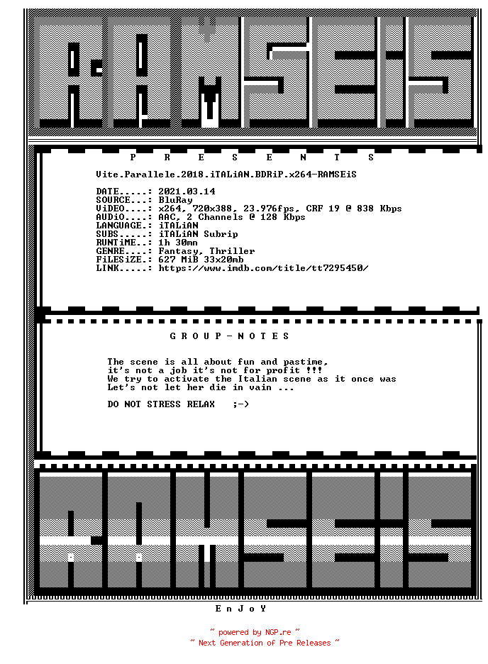 NFO for the release Vite.Parallele.2018.iTALiAN.BDRiP.x264-RAMSEiS by RAMSEiS