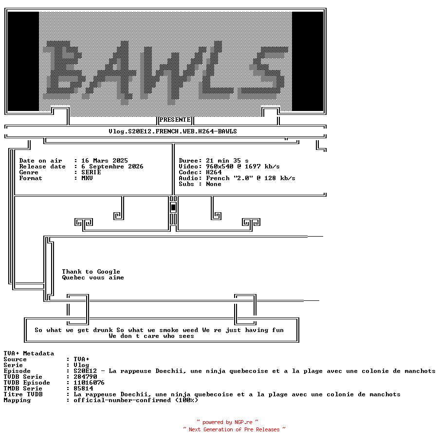 NFO for the release Vlog.S20E12.FRENCH.WEB.H264-BAWLS by BAWLS