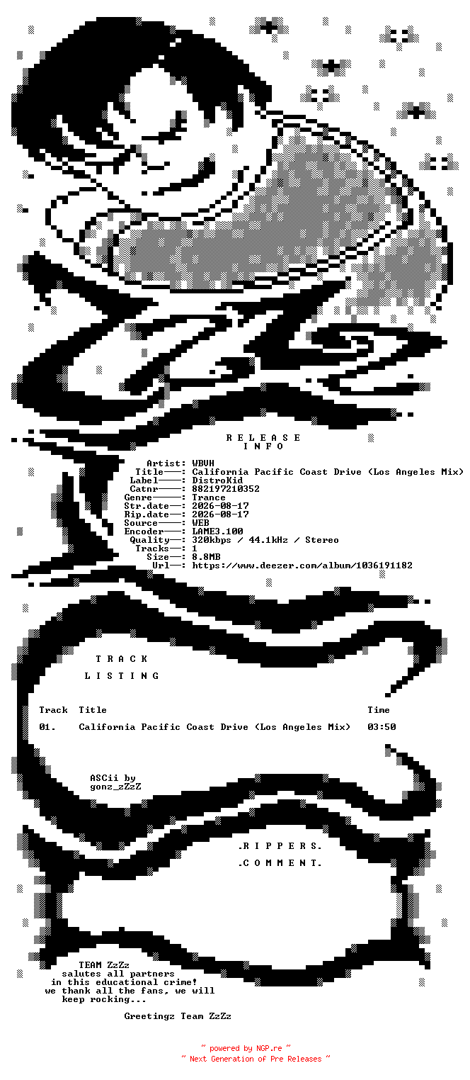 NFO for the release WBVH_-_California_Pacific_Coast_Drive_(Los_Angeles_Mix)-(882197210352)-SINGLE-WEB-2026-ZzZz by ZzZz