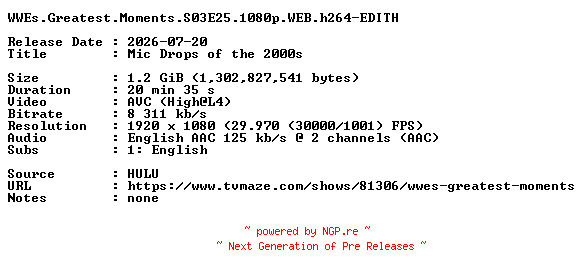 NFO for the release WWEs.Greatest.Moments.S03E25.1080p.WEB.h264-EDITH by EDITH