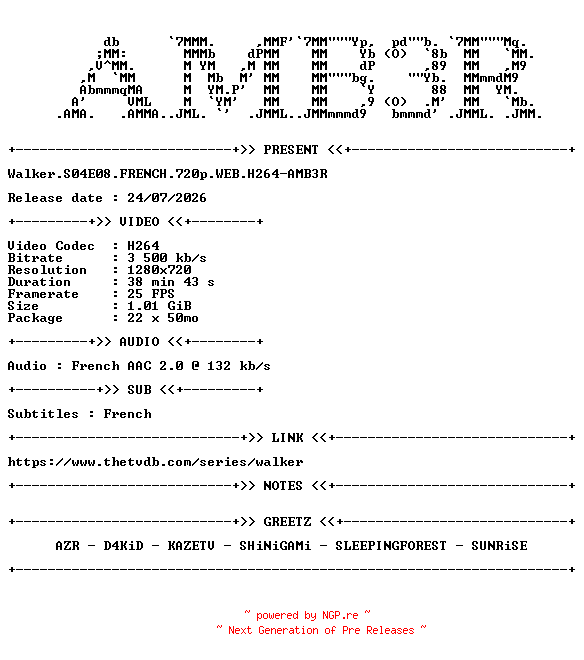 NFO for the release Walker.S04E08.FRENCH.720p.WEB.H264-AMB3R by AMB3R