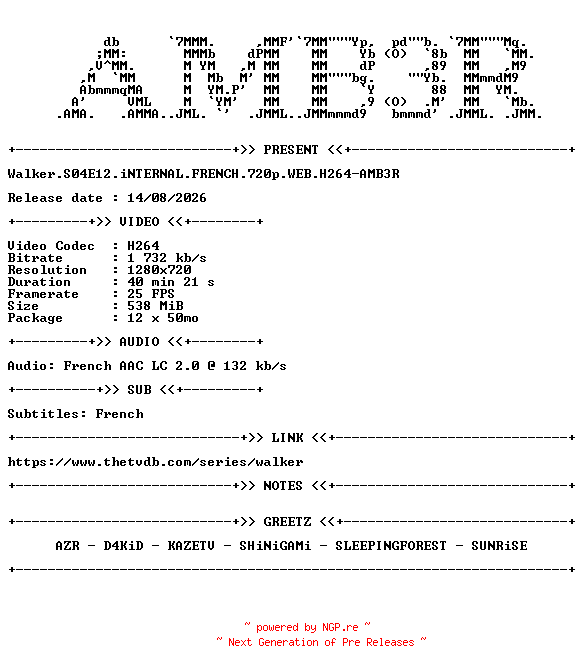 NFO for the release Walker.S04E12.iNTERNAL.FRENCH.720p.WEB.H264-AMB3R by AMB3R