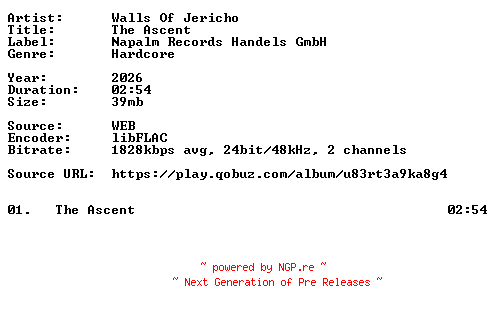 NFO for the release Walls_Of_Jericho-The_Ascent-Single-24BIT-WEB-FLAC-2026-VEXED by VEXED