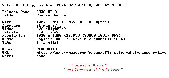 NFO for the release Watch.What.Happens.Live.2026.07.20.1080p.WEB.h264-EDITH by EDITH