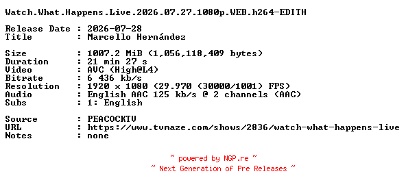 NFO for the release Watch.What.Happens.Live.2026.07.27.1080p.WEB.h264-EDITH by EDITH