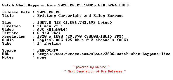 NFO for the release Watch.What.Happens.Live.2026.08.05.1080p.WEB.h264-EDITH by EDITH