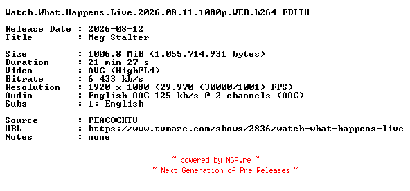 NFO for the release Watch.What.Happens.Live.2026.08.11.1080p.WEB.h264-EDITH by EDITH