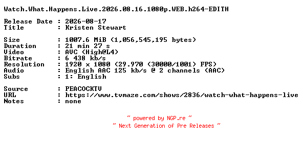 NFO for the release Watch.What.Happens.Live.2026.08.16.1080p.WEB.h264-EDITH by EDITH