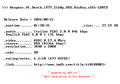 NFO for the release Weapons.Of.Death.1977.2160p.UHD.BluRay.x265-LWRTD by LWRTD