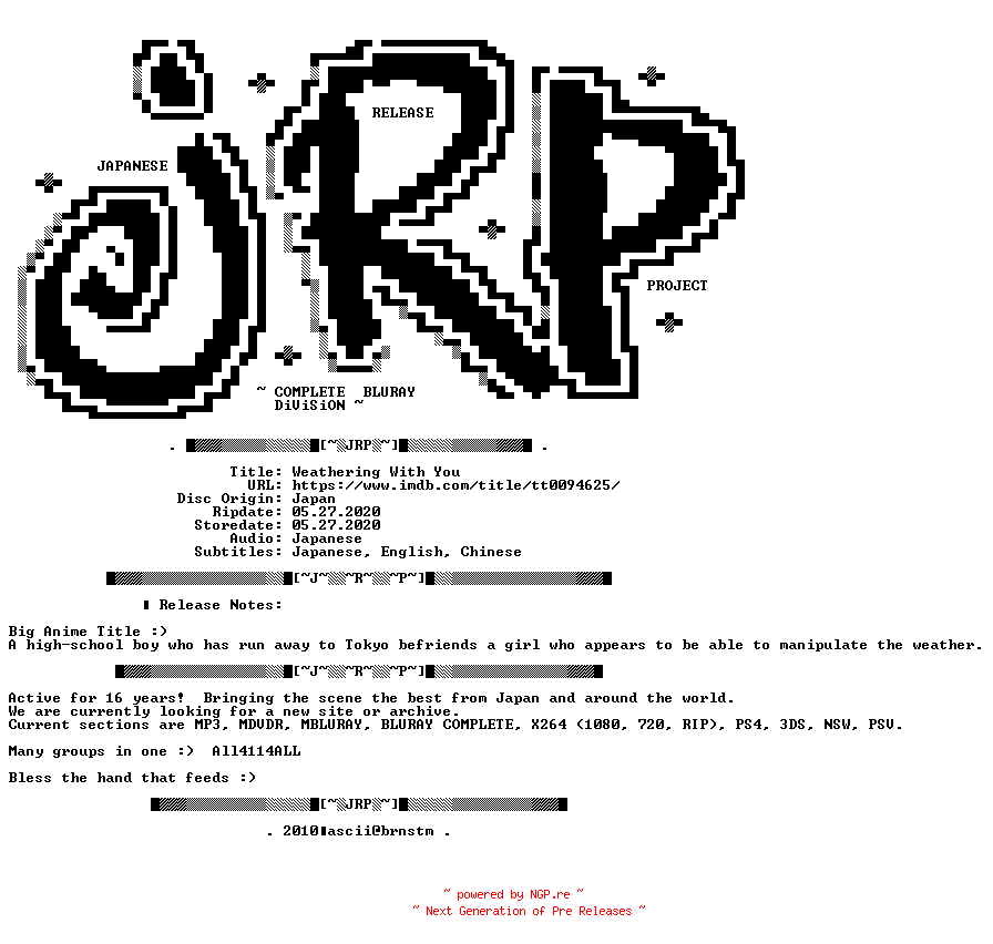 NFO for the release Weathering.With.You.2019.COMPLETE.UHD.BLURAY-JRP by JRP