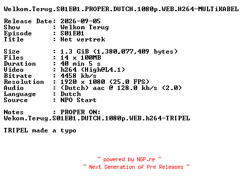 NFO for the release Welkom.Terug.S01E01.PROPER.DUTCH.1080p.WEB.H264-MULTiKABEL by MULTiKABEL