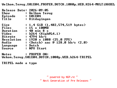 NFO for the release Welkom.Terug.S01E04.PROPER.DUTCH.1080p.WEB.H264-MULTiKABEL by MULTiKABEL