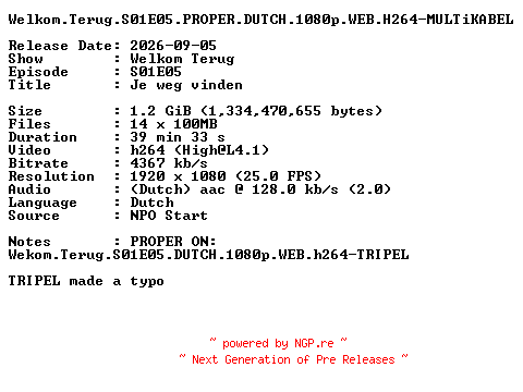 NFO for the release Welkom.Terug.S01E05.PROPER.DUTCH.1080p.WEB.H264-MULTiKABEL by MULTiKABEL