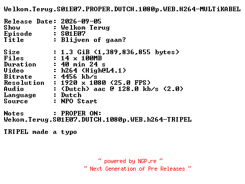NFO for the release Welkom.Terug.S01E07.PROPER.DUTCH.1080p.WEB.H264-MULTiKABEL by MULTiKABEL