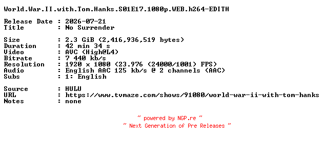NFO for the release World.War.II.with.Tom.Hanks.S01E17.1080p.WEB.h264-EDITH by EDITH