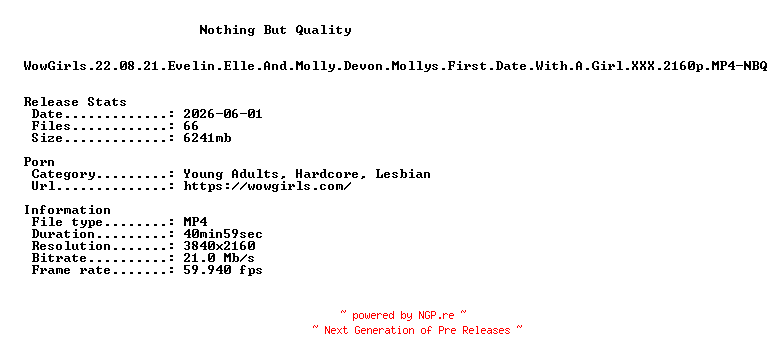 NFO for the release WowGirls.22.08.21.Evelin.Elle.And.Molly.Devon.Mollys.First.Date.With.A.Girl.XXX.2160p.MP4-NBQ by NBQ