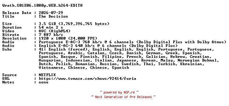 NFO for the release Wrath.S01E06.1080p.WEB.h264-EDITH by EDITH