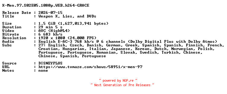 NFO for the release X-Men.97.S02E05.1080p.WEB.h264-GRACE by GRACE