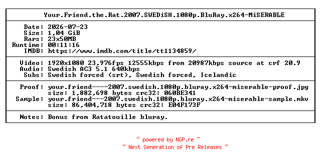 NFO for the release Your.Friend.the.Rat.2007.SWEDiSH.1080p.BluRay.x264-MiSERABLE by MiSERABLE