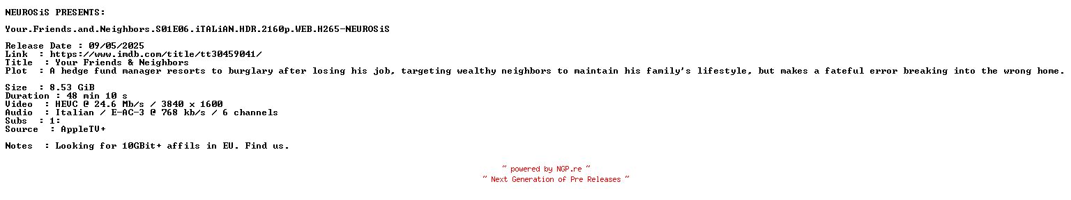 NFO for the release Your.Friends.and.Neighbors.S01E06.iTALiAN.HDR.2160p.WEB.H265-NEUROSiS by NEUROSiS