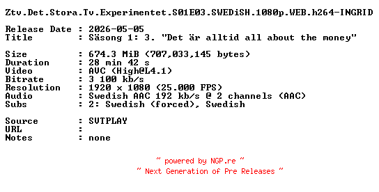 NFO for the release Ztv.Det.Stora.Tv.Experimentet.S01E03.SWEDiSH.1080p.WEB.h264-INGRID by INGRID